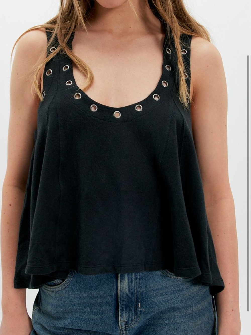 NWT! FREE PEOPLE! The Cleo Grommet Tank in Black. Sz is XL! Very Flattering!